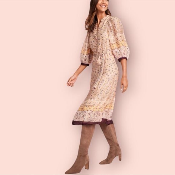 Ann Taylor XL Beige Plum Gold Lurex Paisley Floral Border Balloon Sleeve Dress - Picture 4 of 16